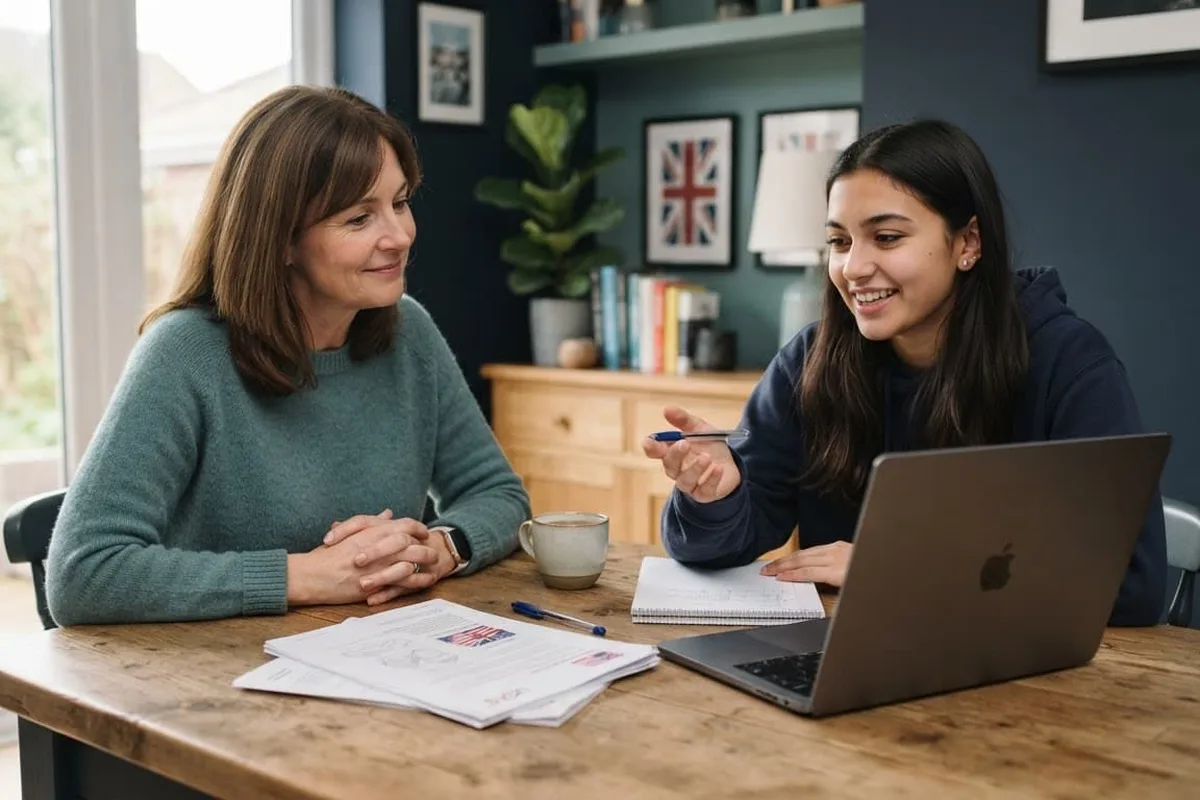 Illustration of a student and parent discussing university plans with notes and a laptop